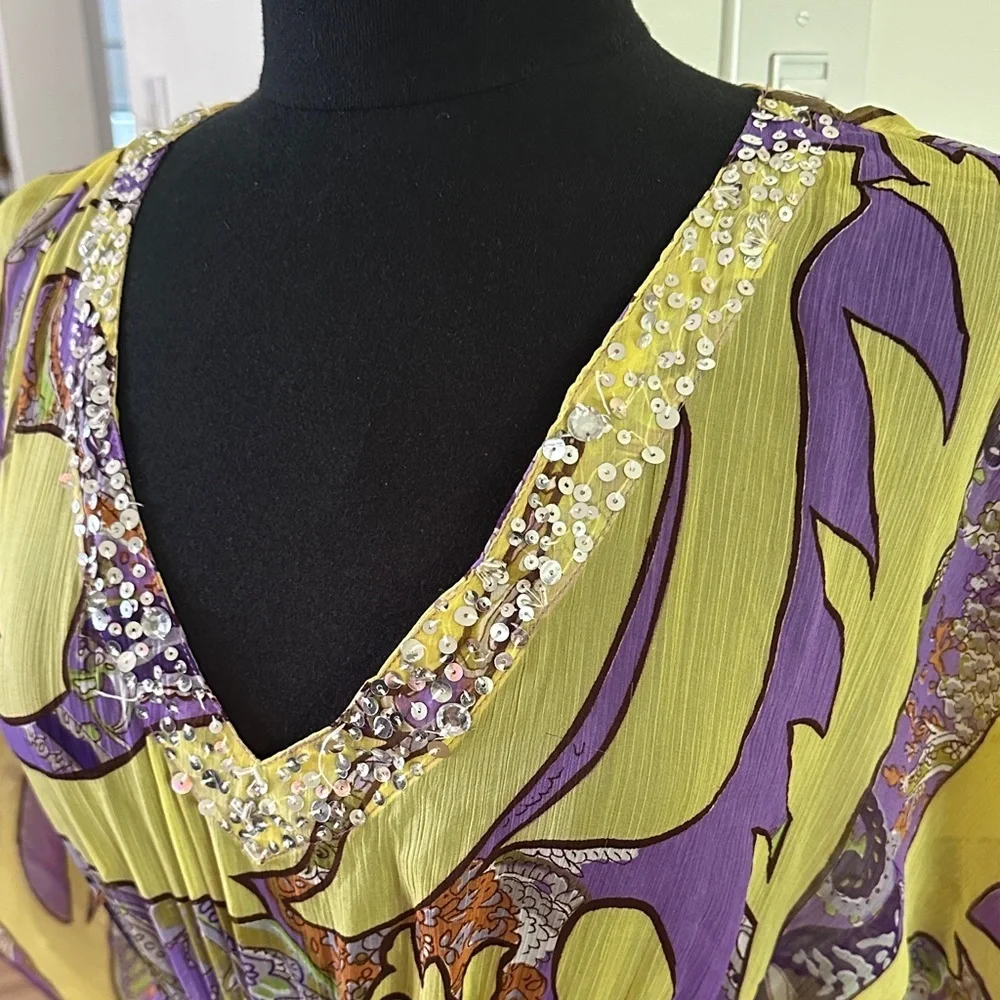 Folia Swim Sheer Beach Cover-Up Yellow and Purple Dress with Sequin Detail - Med - Picture 4 of 10